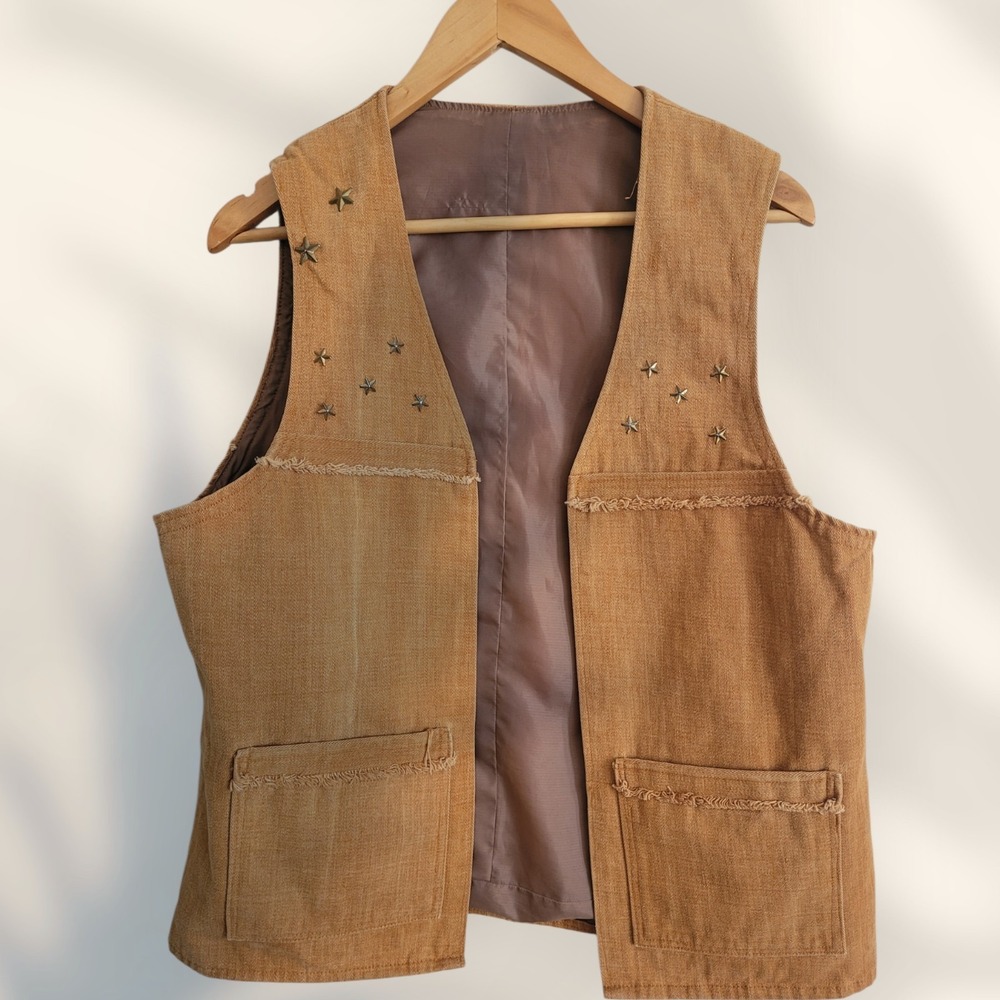 Vintage Handmade Mens Medium Tan  Boho Western Hippie‎ Stars Vest